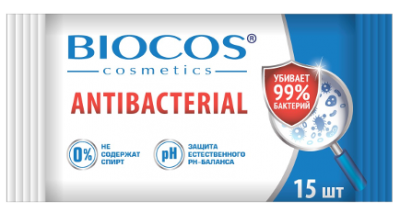 Антибактериальные влажные салфетки BioCos, уп.15