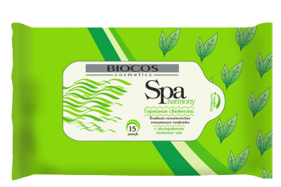 Влажные салфетки BioCos SPA Harmony с экстрактом зелёного чая, уп.15